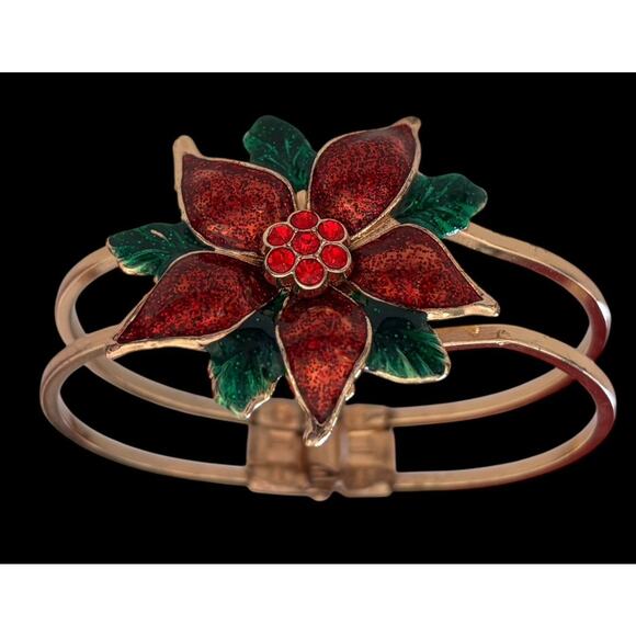 Macy’s Holiday Lane Gold Enameled Poinsettia Christmas Bangle Bracelet NIB - Picture 4 of 6